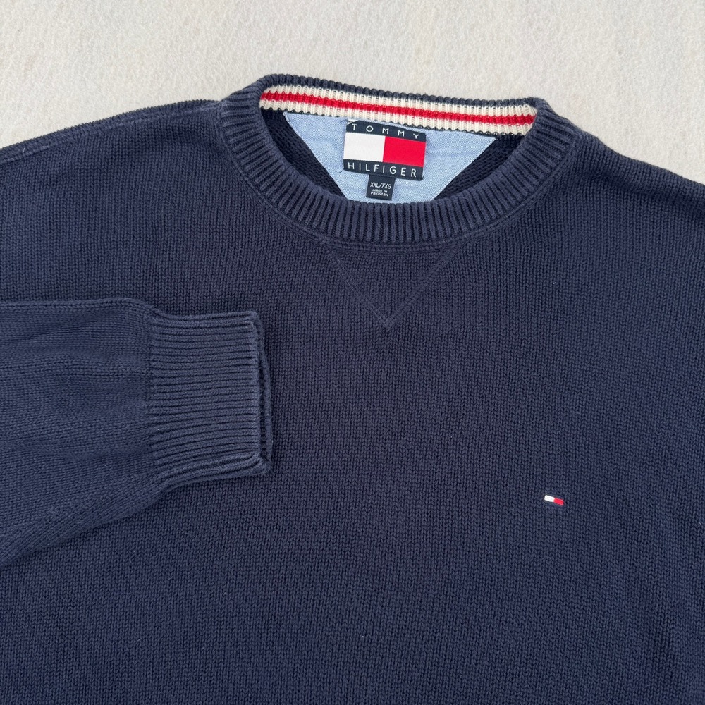 Tommy Hilfiger Mens XXL Navy Blue Cotton Knit Crewneck Sweater Logo Pullover